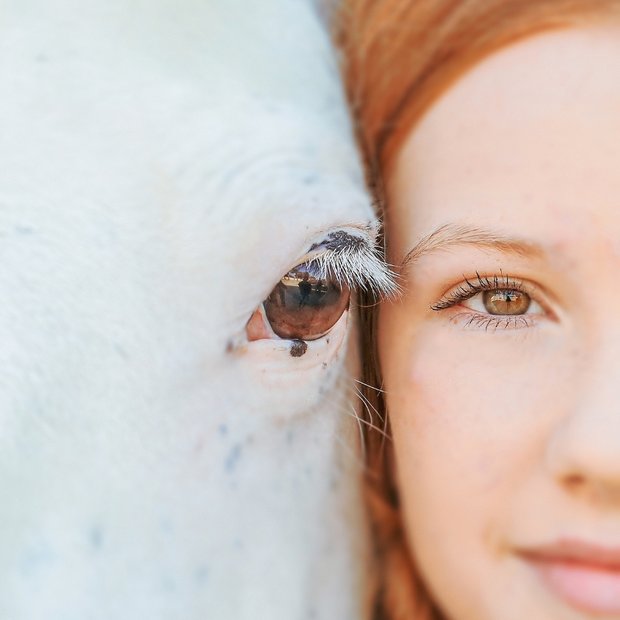 Eye to eye — woman and a dark horse.