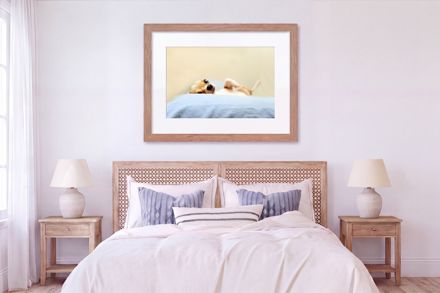 Framed dog print in a bedroom.