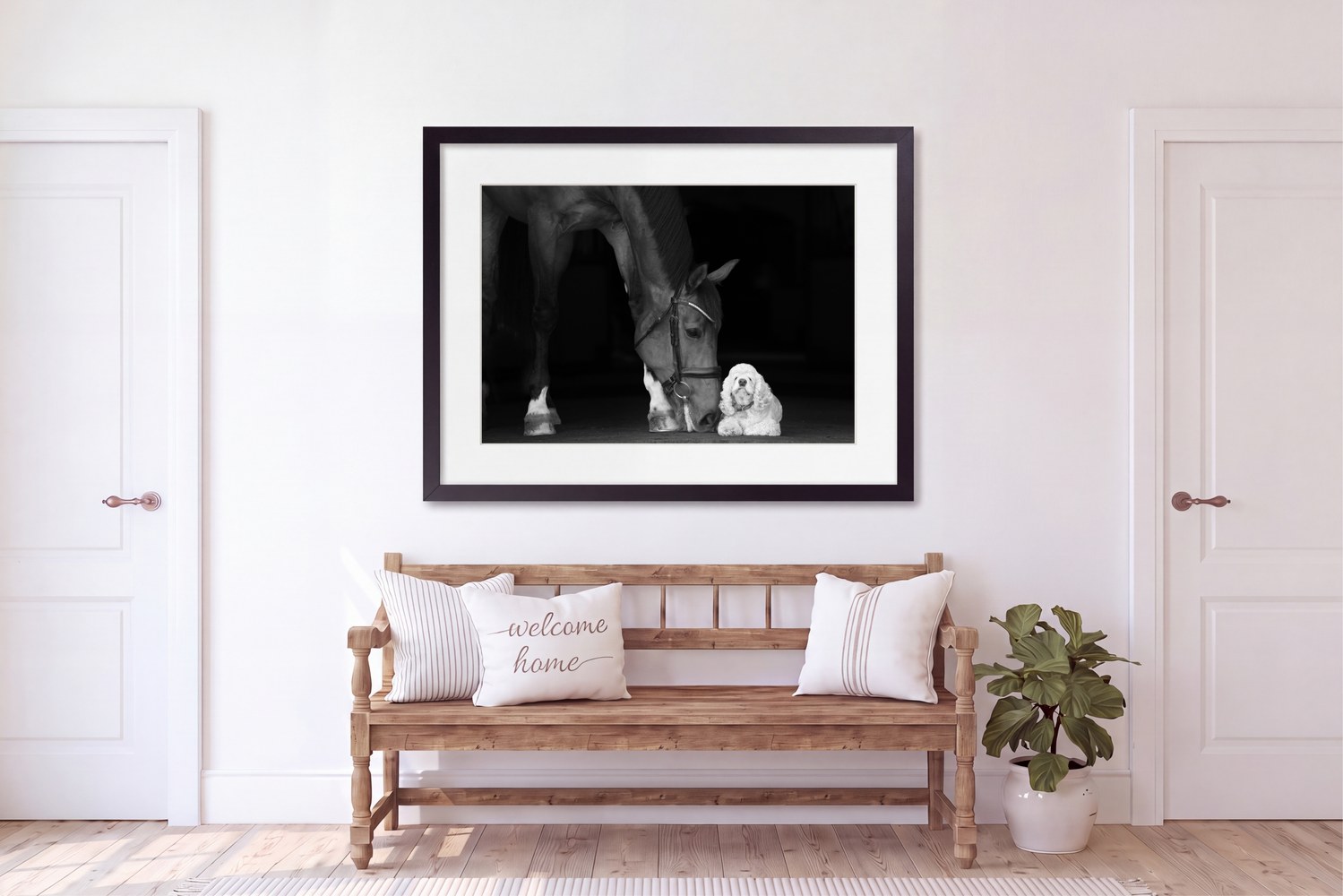 A Tara Hamilton print hanging in a real hallway, above a bench between two white doors.